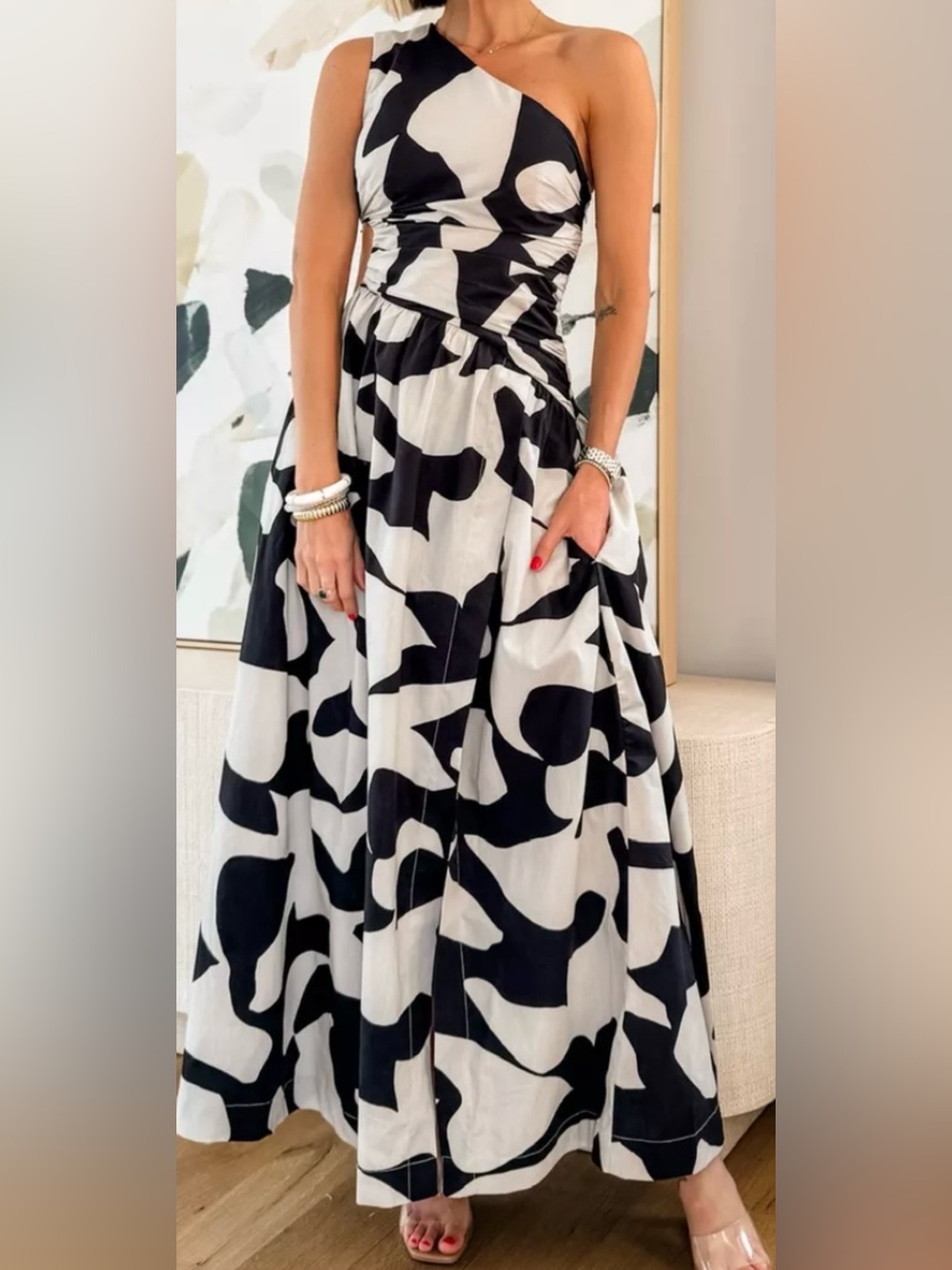 Abercrombie & Fitch one shoulder cut out high slit black and White long dress
